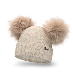 Beige women's hat with two pompoms