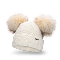 Ecru women's hat with two pompoms