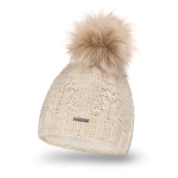 Beige women's set - hat with pompom, tube scarf, gloves