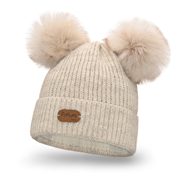 Girl's hat with two pompoms - beige