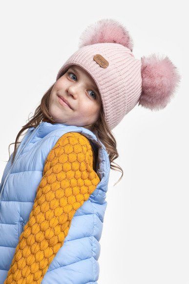 Girl's hat with two pompoms - pink