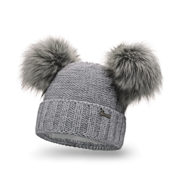 Lightgrey women's hat with two pompoms
